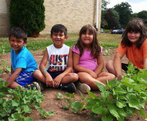 Campers (left to right): Dominick Mathura (age 5), Alexander Mathura (age 7), Amanda Lagueux (age 7), and Morgan Lagueux (age 11) work in the garden. Submitted photo.