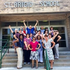 West Hartford's Saint Brigid School Principal Shevon Hickey (far right), leads faculty and the advancement department as they celebrate the first day of school. Submitted image.