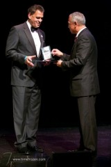 PHOTO CAPTION: Kingswood Oxford Head of School Dennis Bisgaard accepts his “100 Men of Color Award” from Hartford Mayor Pedro Segarra on Oct. 3. Submitted photo.