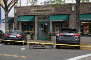 West Hartford Police investigate the scene of a "smash and grab" robbery at Lux Bond & Green on LaSalle Road in West Hartford. Photo credit: Ronni Newton