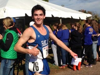 Hall senior Ari Klau gives a 'thumbs up' after winning the Class LL cross country championship at Wickham Park on Oct. 25. Photo credit: Linda Geisler