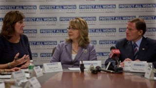 Former Congresswoman Gabrielle Giffords (center), Karen Jarmoc, and U.S. Sen. Richard Blumenthal. Submitted photo.