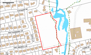 The 5.53 acre parcel of land outlined in red, located on the western portion of the ASD campus, was sold to Sard Custom Homes on Nov. 3. Image from Town of West Hartford website GIS mapping system.