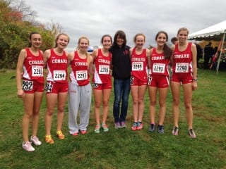 The Conard girls cross country team with coach Leslie Hadra after the State Open on Oct. 31. Gwen Geisler, 3rd from left, qualified for New Englands. Photo credit: Linda Geisler