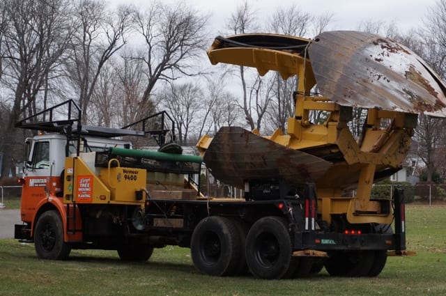 Mountain Tree Service has the largest tree spade in the state and was hired to relocate seven trees from the grounds of Charter Oak International Academy in West Hartford. Photo credit: Ronni Newton