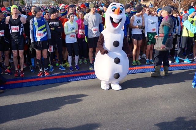 Olaf at the starting line. He got out of the way just before the start. Annual Blue Back Mitten Run, West Hartford, Dec. 7, 2014. Photo credit: Ronni Newton
