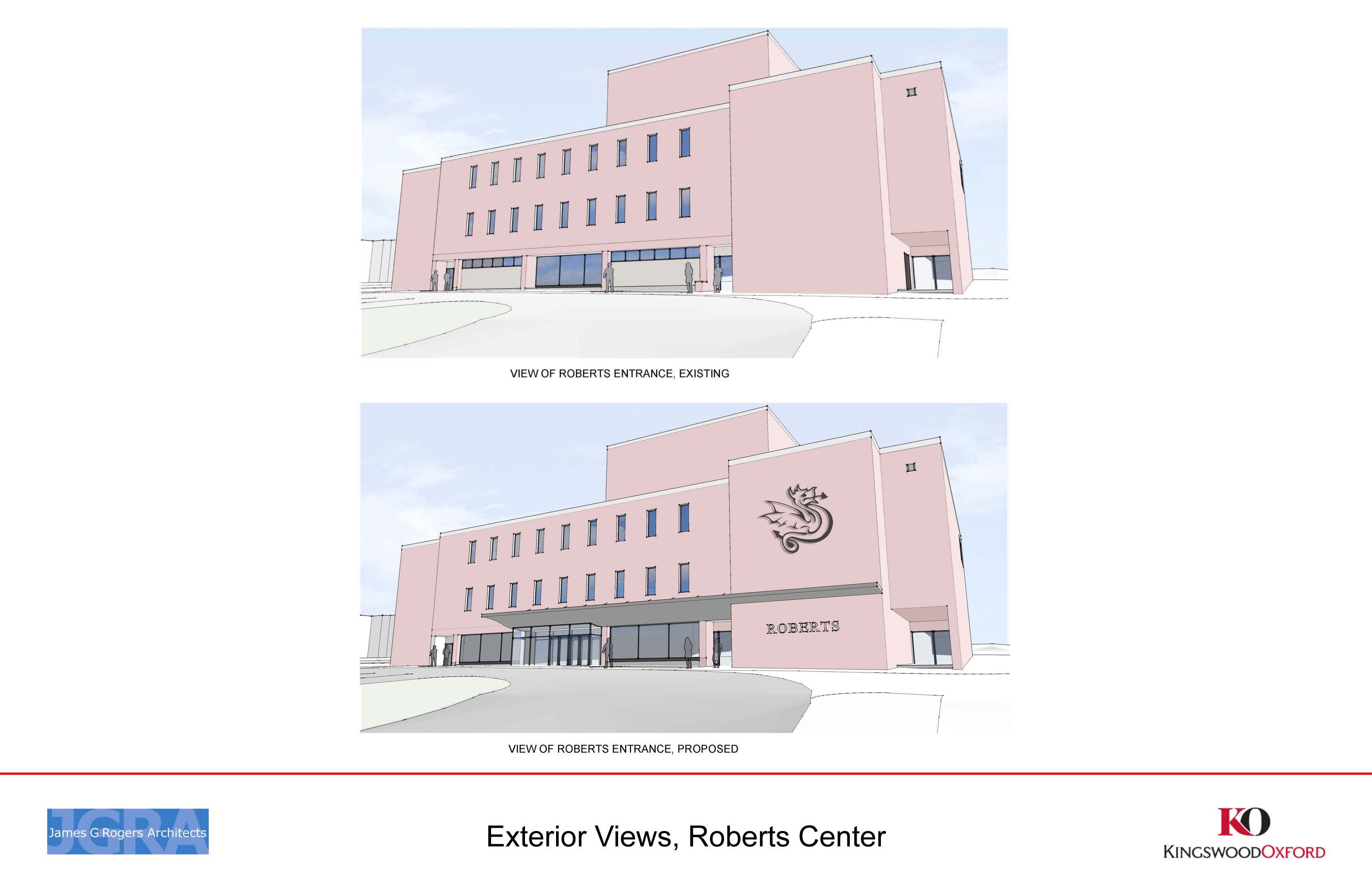 'Before and after' exterior views of Roberts Center. Image courtesy of Kingswood Oxford