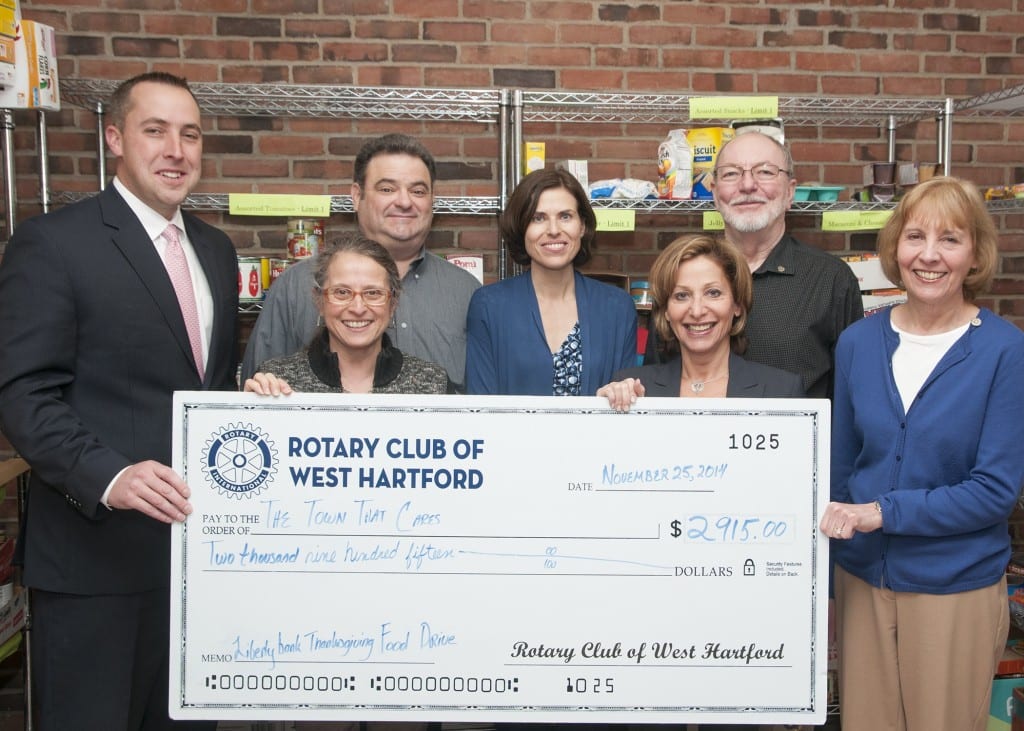 L-R: Kyle Egress, President-Elect, West Hartford Rotary; Cindy Lang, President, West Hartford Rotary; Fernando Vidal, food drive chair, West Hartford Rotary; Suzanne Oslander, Manager of Community Partnerships, Town of West Hartford; Shari Cantor, West Hartford Rotarian and Deputy Mayor; Don Chandler, West Hartford Rotarian, and Eileen Rau, West Hartford Rotarian. Submitted photo