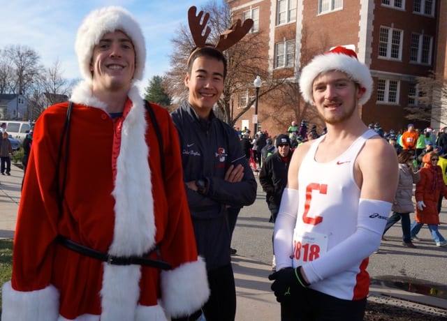 Conard High School runners (from left) Matt Thomasa, Isaac Oda-Bayliss, and Alec Ferguson-Hull were dressed in style for the race. Annual Blue Back Mitten Run, West Hartford, Dec. 7, 2014. Photo credit: Ronni Newton