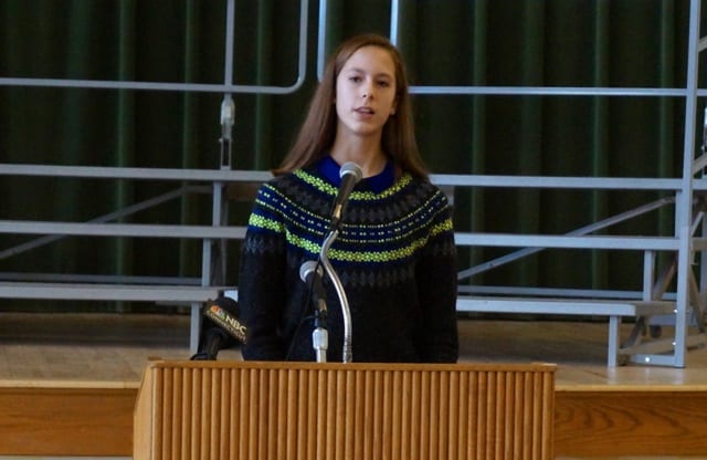 Lydia Henning, student speaker from Hall High School. West Hartford's 19th Annual Celebration of Dr. Martin Luther King Jr., Jan. 19, 2015. Photo credit: Ronni Newton