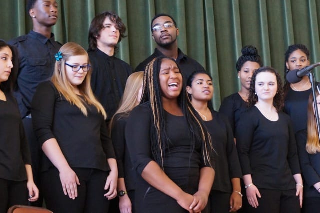 Conard's Brianna Nash (center) performs a passionate solo in 'Balm in Gilead.' West Hartford's 19th Annual Celebration of Dr. Martin Luther King Jr., Jan. 19, 2015. Photo credit: Ronni Newton