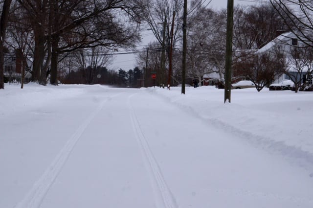 Lone tire track on Rumford Street. West Hartford, Blizzard of 2015. Photo credit: Ronni Newton