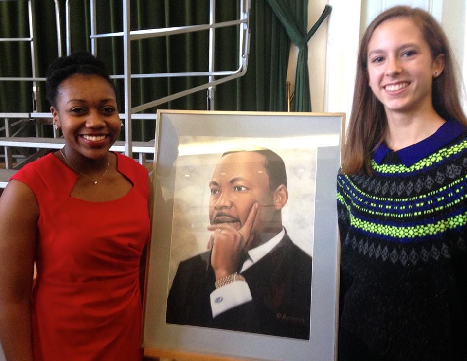 Kaitlyn Jones from Conard (left) and Lydia Henning from Hall provided the student perspectives at West Hartford's 19th annnual Martin Luther King Jr. celebration. Photo courtesy of Beth Bye.