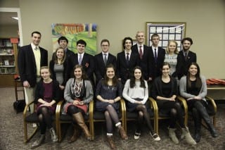 Kingswood Oxford welcomed 18 seniors into the Cum Laude Society on Feb. 19; seated, from left: Lydia Bailey, Julia Bayer, Lina Volin, Reilly Callahan, Julianne DeAngelo, and Lauren Cooper. Standing, from left: Zach Goldman, Shira Richards-Rachlin, Ryan Wetsman, Robert Scappaticci, Max Bashm Sal Caruso, Jacob Tvaronaitis, Chris Marcello, Katie Smith, and Cole Adams. Not pictured: Claire Halloran and Jen Shook.  Photo credit: Todd Kelmar '12