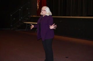 Veteran Broadway star Flo Lacey speaks to the cast and crew of Conard's spring musical, 'Hello Dollly.' Photo credit: Ronni Newton