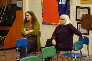 Flo Lacey (right) watches and listens with Director Corinne Kravetz as the Conard cast of 'Hello Dollly' rehearses a few musical numbers in the choir room. Photo credit: Ronni Newton