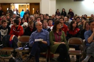 More than 250 people attended a community forum in West Hartford to speak about the high school names and Conard's mascot. Photo credit: Ronni Newton