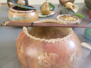 Gourd art by Marilyn Holt, on display at the Noah Webster Library for the month of February. Photo courtesy of Noah Webster Library