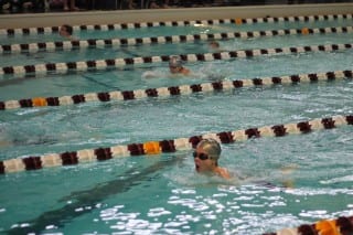 Waves swimmers Sam Peters (foreground) and Jeffry Rosborg (third lane from top) competed in the 9-10 boys 50-yard breaststroke on Saturday at the Central Connecticut Winter Swim League’s “A” Championship. Sam finished second in the race. Rosborg was fourth. Submitted photo