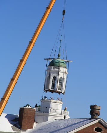 A crane removed the cupola from atop Gallaudet Hall at ASD on Friday. Photo credit: Rennie Polk