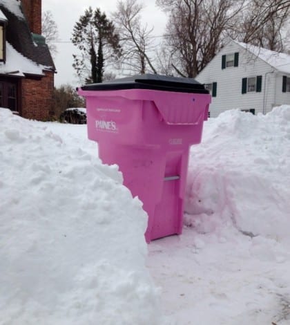 trash barrel in snow