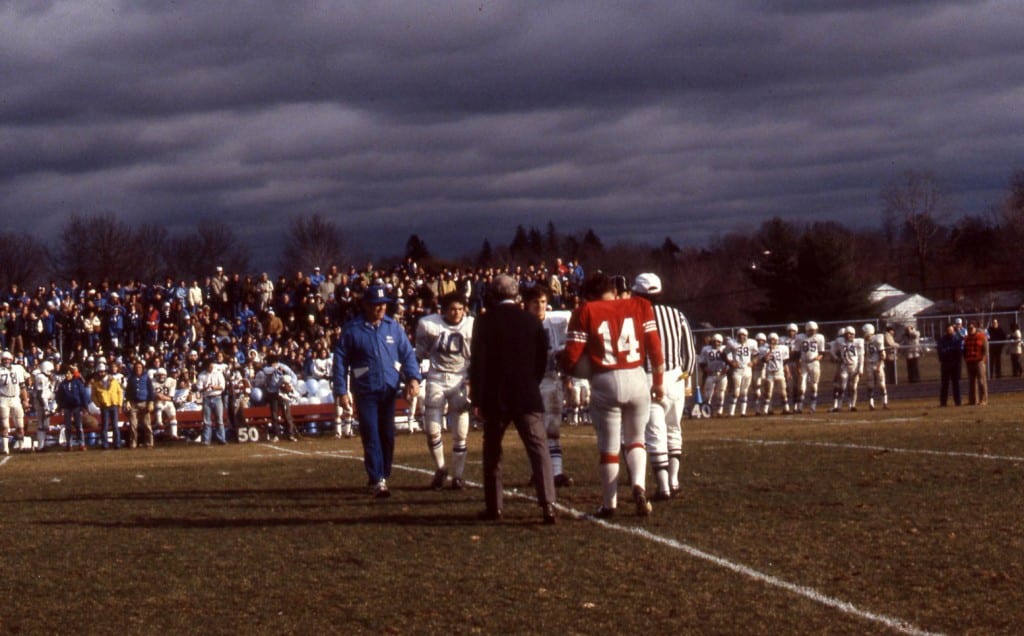 Frank Robinson and Bob McKee prior to the Opening Coin Toss for the 25th Anniversary of the Hall-Conard football game on November 21, 1981. Submitted photo