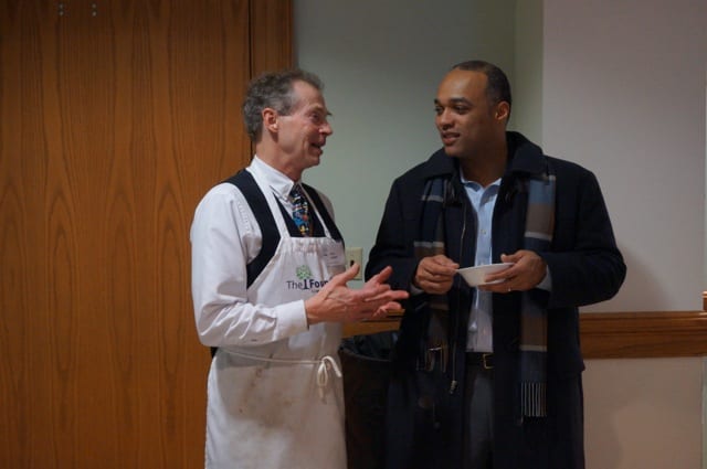 Board of Education member Terry Schmitt (left) with Earl Exum, husband of board member Tammy Exum. West Hartford's Cookin'. Photo credit: Ronni Newton