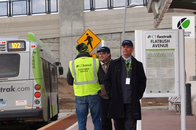 DOT Commissioner James Redeker (right) spent several hours meeting riders at the Flatbush Avenue station in West Hartford. Photo credit: Ronni Newton
