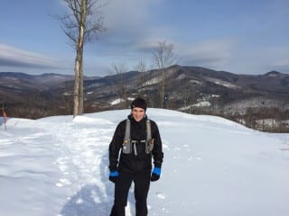 Kingswood Oxford teacher and coach David Baker ’04 celebrates after placing second in the Peak Races Snowshoe Marathon in Pittsfield, VT on March 7. Submitted photo