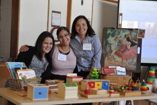 Members of the Montessori School of Greater Hartford Toddler Teacher Team, (Left to Right) Tomiko Blais-Odorszcuk, Maria Bautista and Teresa Reynolds, seated here with a collection of Montessori Toddler materials. Photo credit: Kara Fenn, MSGH Director of Advancement