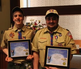 Matt Thomas (left) and Andrew Festa, both seniors at West Hartford's Conard High School, received their Eagle Scout awards. Submitted photo