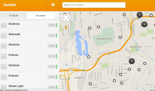Screen shot of YourGOV showing the location of reported potholes and other road problems. 