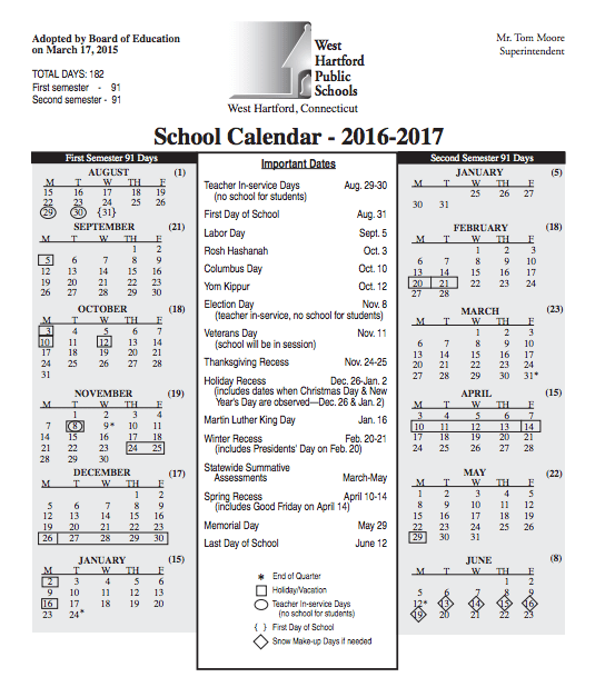 West Hartford Board of Education Adopts 20162017 School Calendar We