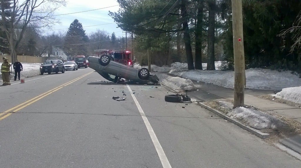 Scene of a rollover crash on South Main Street in West Hartford. Photo courtesy of West Hartford Police