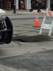 A sink hole reappeared on LaSalle Road at the intersection with Farmington Avenue in West Hartford Center. Photo credit: Tony Sisti