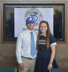 Northwest Catholic seniors Hunter Tralli (left) and Madison Borowiec signed letters of intent on April 28, 2015. Submitted photo