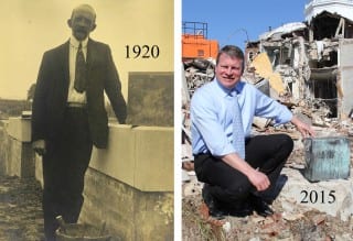 ASD President Henry Perkins (left) placed a time capsule in the Gallaudet Building foundation in 1920. It was unearthed on March 5, 2015, during the building's demolition. Submitted photo