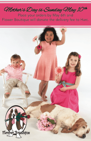 From left: Finn Daly, Maisyn Robinson, and Rosie Daly pose with Abner the basset hound in an ad for Flower Boutique. Courtesy of Flower Boutique