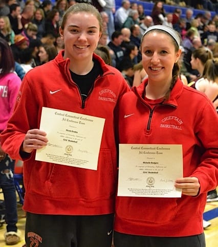 Conard girls basketball players Nicole Kradas (left) and Shelly Rogers were among the West Hartford Public School students who earned All Conference honors for winter sports. Photo credit: Liz Proietti