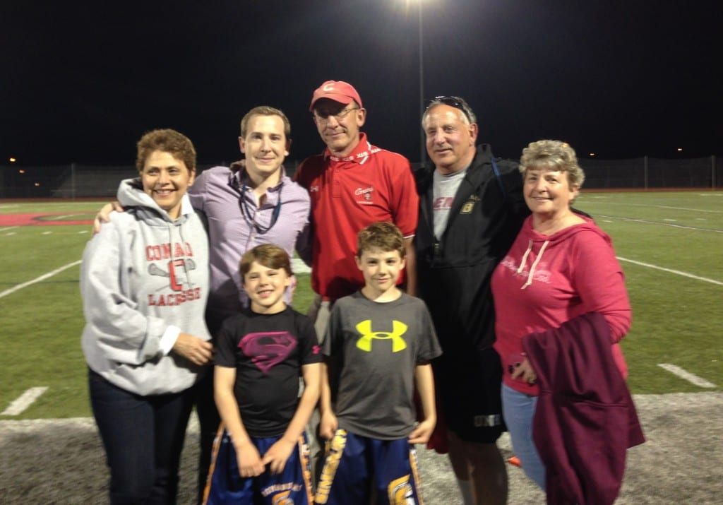 Bill Condon (back row, center) with his family after his 300th win in a game against East Lyme on May 5, 2015. Submitted photo