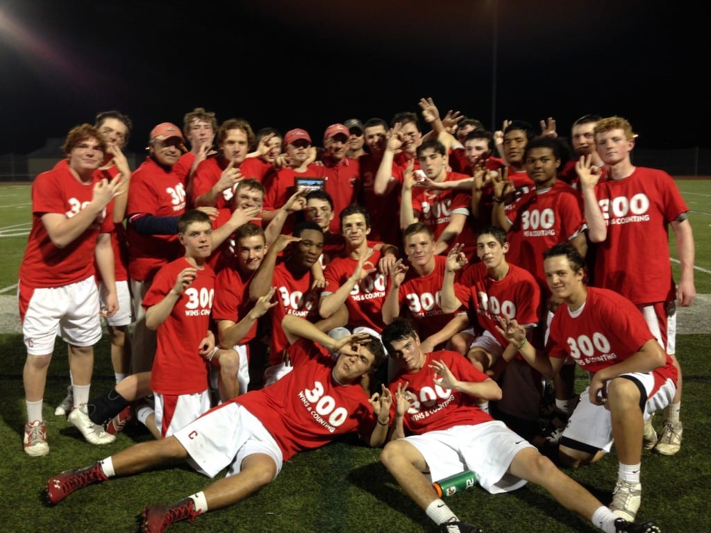 Bill Condon (back row, center) after the Conard team gave him his 300th win in a game against East Lyme on May 5, 2015. Submitted photo
