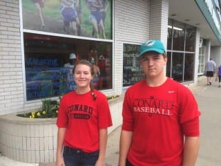 Connor Swanton (right) and  Julie McKenna, both juniors at Conard High School, visit Fleet Feet Sports in West Hartford to ask for a donation for the Inaugural Freedom Run. Submitted photo