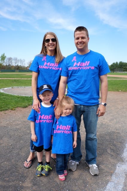 Becky and Craig Bowman (back row) with their children Christopher (5) and Allison (2). Christopher, who is receiving treatment for cancer, threw out a ceremonial pitch. Conard vs. Hall baseball. May 6, 2015. Photo credit: Ronni Newton