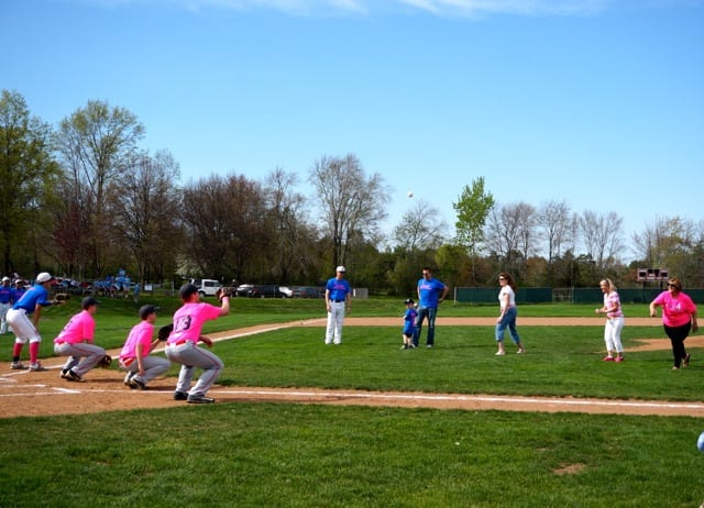 Cancer survivors throw out a ceremonial first pitch. Conard vs. Hall baseball. May 6, 2015. Photo credit: Ronni Newton
