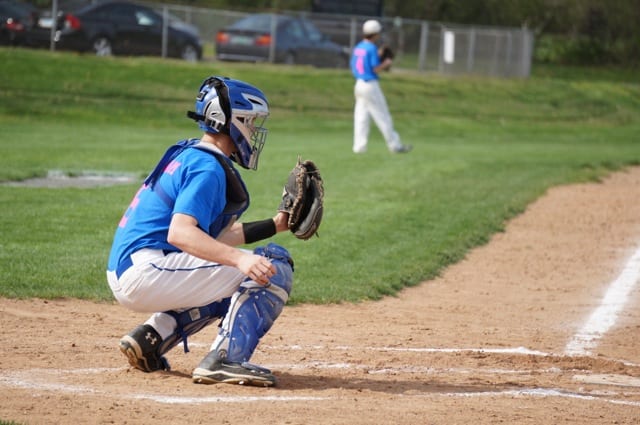 Hall catcher Dylan Rosenbaum. Conard vs. Hall baseball. May 6, 2015. Photo credit: Ronni Newton