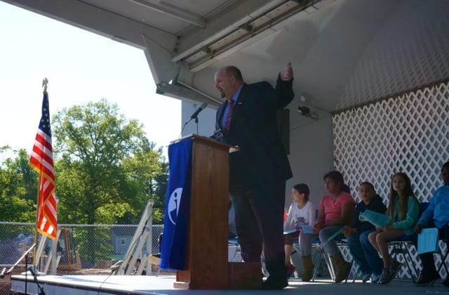 West Hartford Superintendent of Schools Tom Moore addresses the audience at the ceremonial groundbreaking for Charter Oak International Academy on May 14, 2015. Photo credit: Ronni Newton