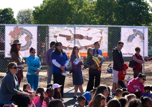 A crowd gathered at the ceremonial groundbreaking for the new Charter Oak International Academy on May 14, 2015. Photo credit: Ronni Newton