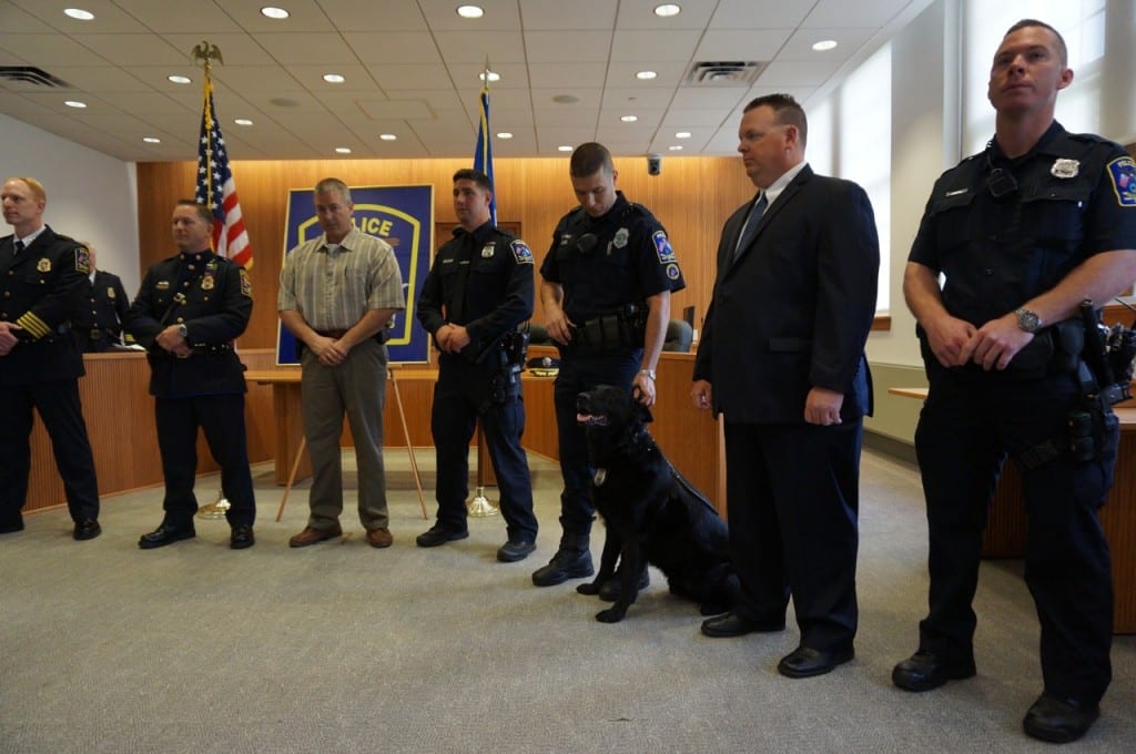 Sgt. Steven Hinkley, Sgt. Eric Rocheleau, Off. Thomas Lazure (with K9 Jett), Off. William Norton, Off. James Parizon, Off. Nicholas Sachetti, Off. David Strzalka, Off. Douglas Martindale, Off. Kyle Christian, and Det. Andrew Wamester received a Unit Citation for the following incident: On August 17, 2014 officers responded to a report of a street robbery in which a handgun was threatened.  As officers were responding those responsible for the robbery, in an attempt to avoid detection, broke into a nearby home and held the resident hostage.  After about an hour they fled that home and attempted to gain entry into another one.  Officers were able to arrest two of those individuals as they were hiding in the neighborhood and a third was arrested a few weeks later.  Photo credit: Ronni Newton