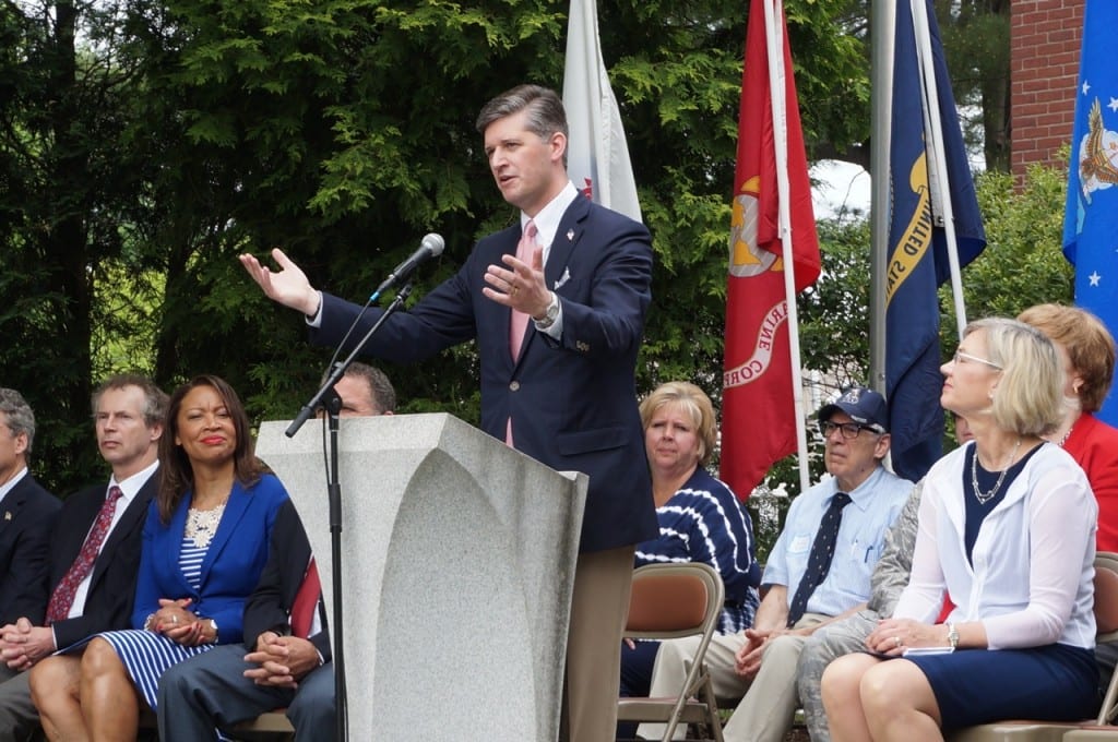 West Hartford Mayor Scott Slifka speaks to the crowd. West Hartford Memorial Day ceremony. May 25, 2015. Photo credit: Ronni Newton