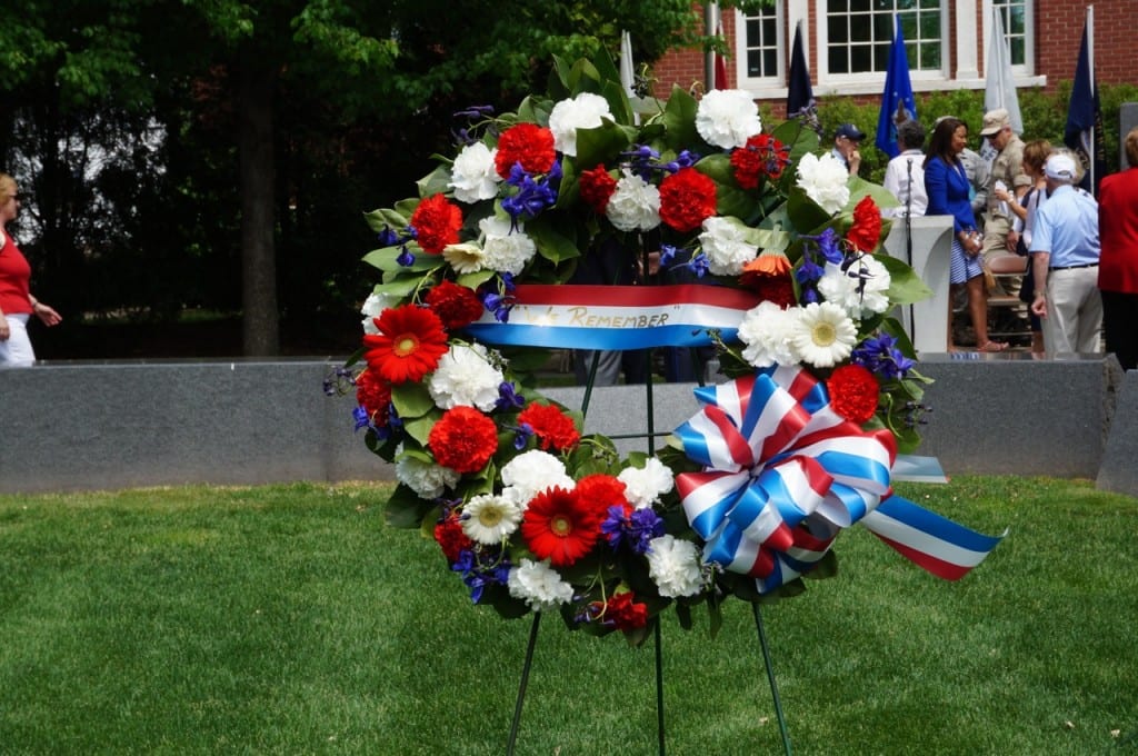 Memorial wreath laid in the center of the Veterans Memorial West Hartford Memorial Day ceremony. May 25, 2015. Photo credit: Ronni Newton